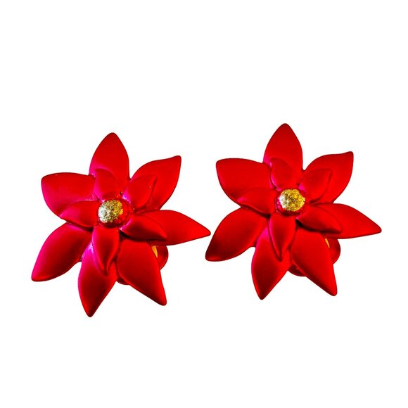Vintage Red Matte Poinsettia Flower Clip-on Earrings - Picture 4 of 11